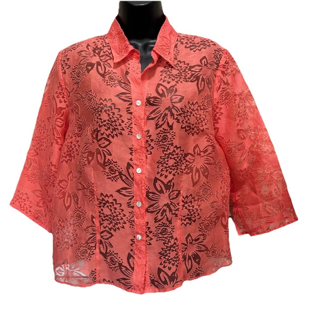 Notations Petite Coral 3/4‎ Wide Sleeve Button Up Floral Sheer Blouse Size PL